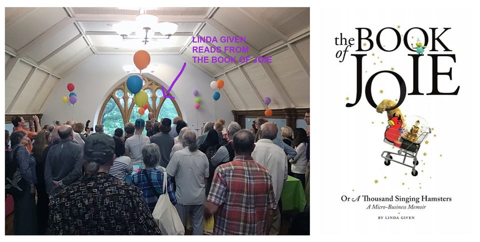 On the left, photograph of author Linda Given reading to a room full of people, with colorful balloons in a bright room. On the right, image of a book cover featuring a shopping cart filled with curious goods, like a cat arm and a devil rubber duck.