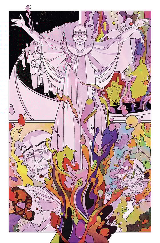 White parishioner in white robe gets to the top and starts to float. His feet start to melt into strange liquid.