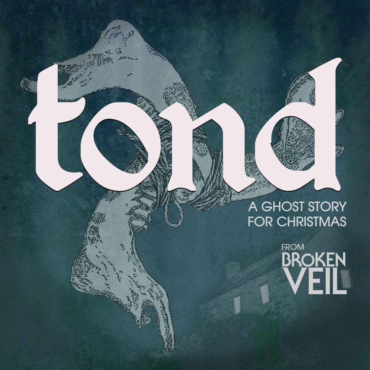 Promotional image for Tond: a drawing of three animal jawbones connected to form a three-pointed symbol; in the background, an old stone house on a hill with the lights on.