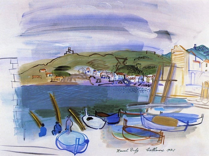 A painting of the port of Collioure by Raoul Dufy. In the foreground are fishing boats on a quay behind men fishing from the harbour wall. Across the blue water of the bay rise green hills with some houses lower down by the water.