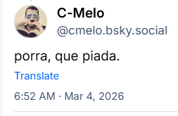 Post de C-Melo (@cmelo.bsky.social) com o texto: porra, que piada.