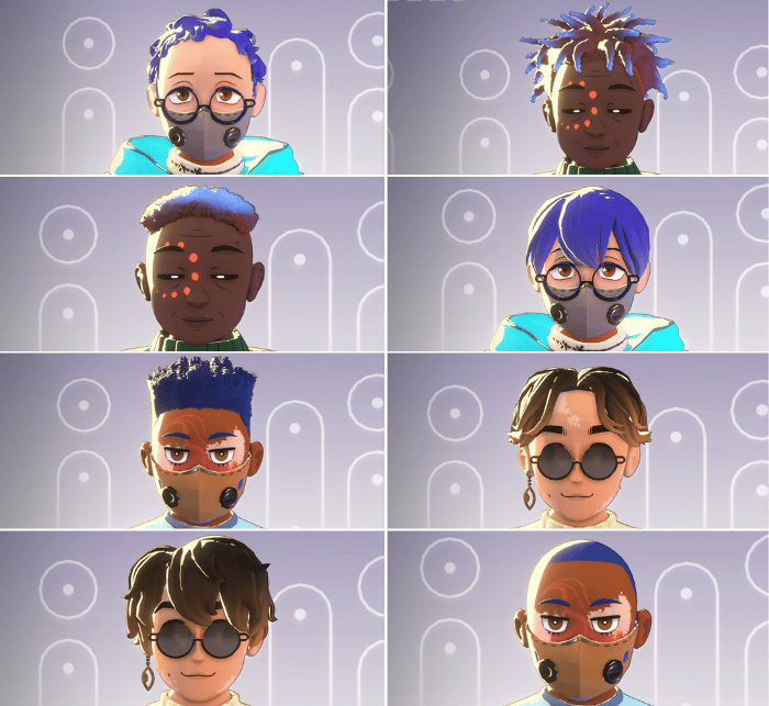 Collage of eight images of characters with short hairstyles, ranging in texture—straight to tight curls—and length—close-shaved to short dreadlocks.