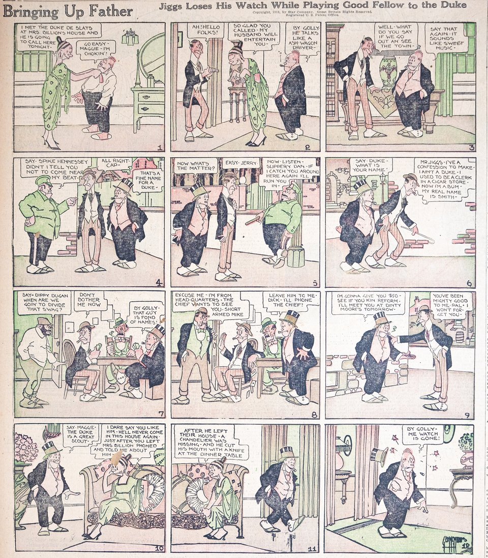 12-panel Bringing Up Father: Jiggs is introduced to a Duke who is actually a scoundrel that has many names and is finally brought in by the police.