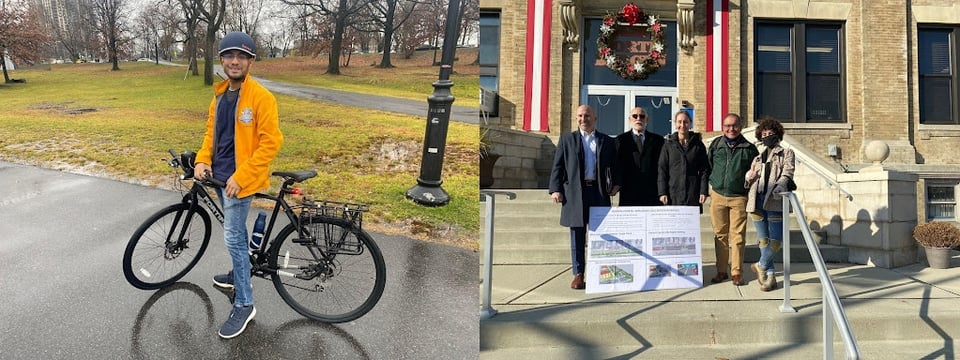 two images; on the left is a photo of johan on his bike; on the right is a group photo of advocates in front of north bergen city hall