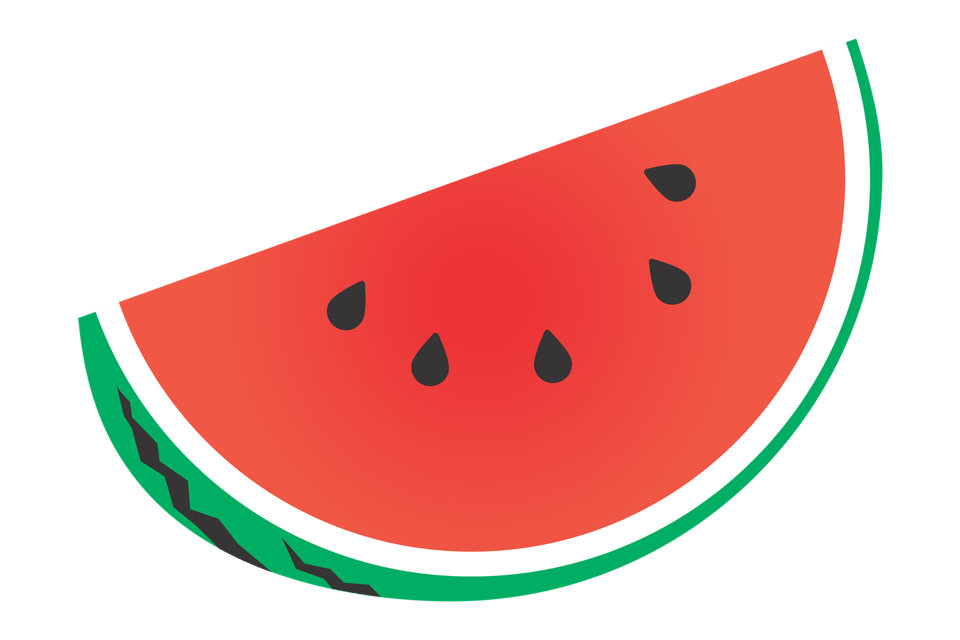 A drawing of a slice of watermelon (green and white rind, red fruit, black seeds)