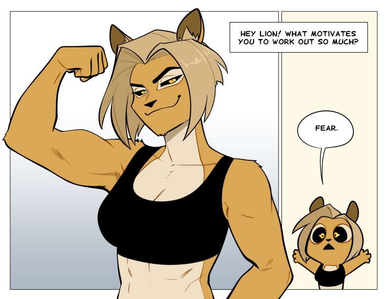 A mini comic asking the lion what motivates her to work out. the answer: "fear"