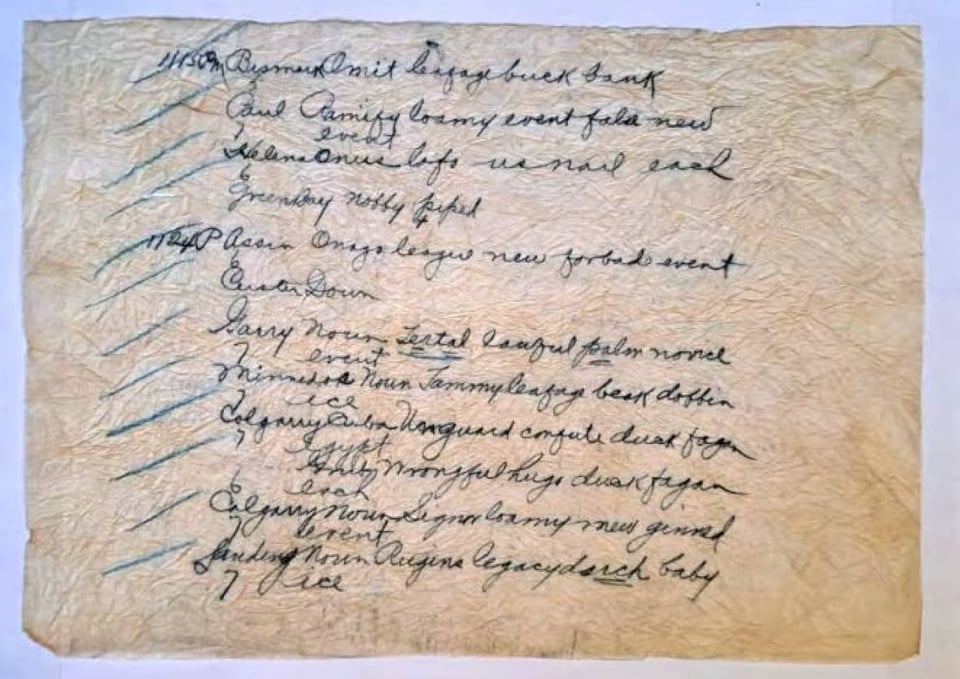 A screenshot of one of the two pieces of paper with codeword on it. they are written in a neat cursive script. The paper is yellow and wrinkled with age. The text on this page reads: "Bismark Omit leafage buck bank, Paul Ramify loamy event false new event, Helena onus lofo us nail each, Green Bay nobby piped, Assin Onago league new forbade event, Custer Down, Garry noun Tertal lawful palm novice event, Minnedos noun Tommy leafage beak doffin, Calgarry Cuba Unguard confute duck fagan egypt, Grub wrongful hug duck fagan each, Calgarry noun Signor loamy mew ginned, Landing noun Rugins legacy dsrch (?) baby ice"