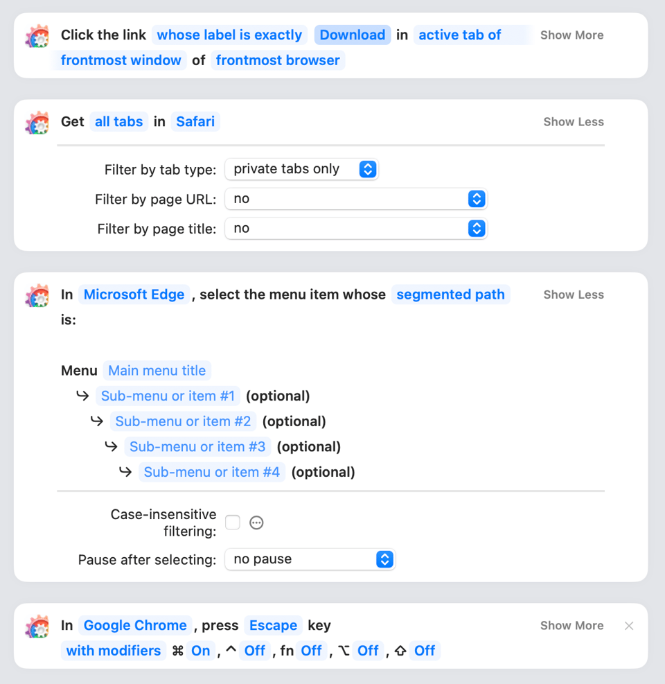 The screenshot shows 4 macOS Shortcuts actions for browser automation, c/o Browser Actions: 1.
