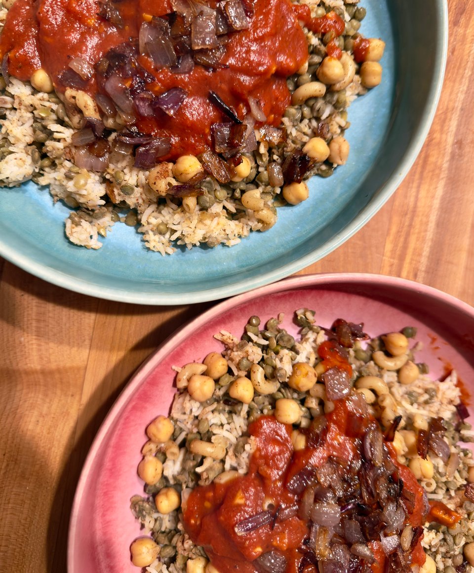 One pink and one blue bowl of koshari, consisting of chickpeas, basmati rice, green Puy lentils, tomato sauce, and caramelized onions.