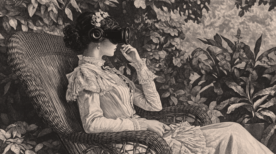 A detailed 19th century Victorian-era engraving of an elegant woman sitting in a wicker chair looking down at an open book in her hands, delicate cross-hatching technique, fine line work with subtle gradations, simple period dress with less ornate details, light airy botanical background elements, balanced black and white illustration with gentle contrast, reminiscent of book illustrations from the 1800s, wider composition showing more of the garden setting, --ar 3:4 --style raw