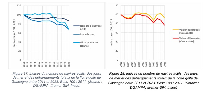 Le déclin de la pêche sur la dernière décennie est documenté ici dans le Golfe de Gascogne. Il a commencé en réalité depuis plusieurs décennies.  Source = Guyader Olivier, Demaneche Sebastien, Merzereaud Mathieu, Le Grand Christelle, Le Blond Samuel, Berthou Patrick, Leblond Emilie (2024). Evaluation de l’impact socio-économique de la fermeture spatio-temporelle en 2024 dans le cadre du Plan d’action de réduction des captures accidentelles de petits cétacés dans le golfe de Gascogne. Réponse à une demande d'expertise. DGAMPA - Direction Générale des Affaires Maritimes, de la Pêche et de l’Aquaculture, Direction de l'Eau et de la Biodiversité, Service des pêches maritimes et de l’aquaculture durables, Sous-direction des ressources halieutiques, Bureau d’appui scientifique et des données, La défense. Ref. DG 2024 – 1681 / P9 24-050 - Saisine du 19 juillet 2024. 171p., 5p., 2p., 52p., 2p., 3p. https://archimer.ifremer.fr/doc/00933/104490/