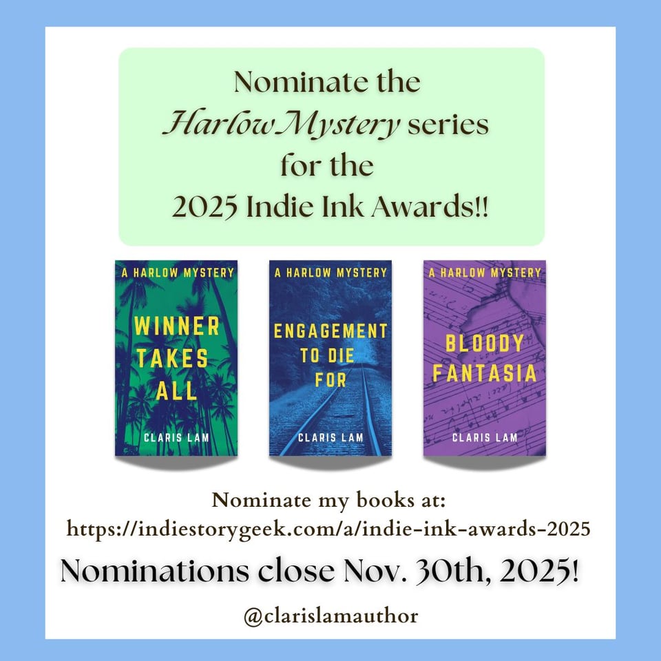 Nominate my books at: https://indiestorygeek.com/a/indie-ink-awards-2025 Nominate the Harlow Mystery series for the 2025 Indie Ink Awards!! Nominations close Nov. 30th, 2025!