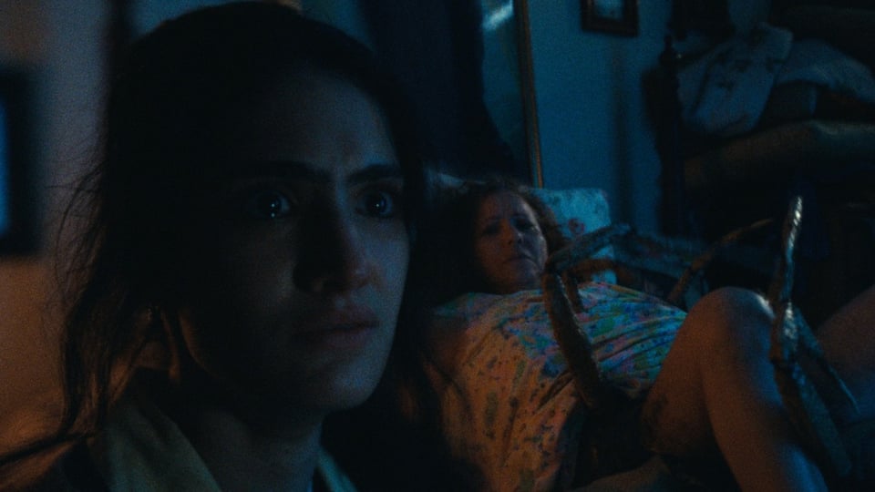 Two people in low lighting with scared looks in their eyes