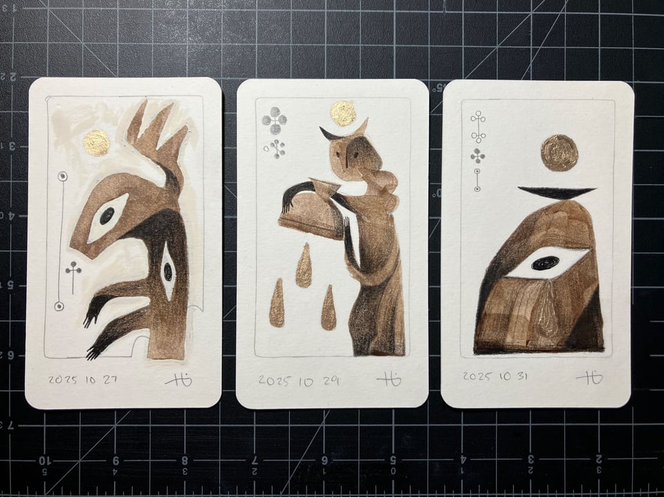 Three tarot-size cards, each with a drawing made in brown ink and graphite, with a little gold paint used for reflective materials such as halos. From left to right, they are an abstract winged entity, a horned figure pouring out a bowl, and an altar with a single eye.