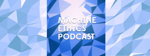 Blue and white isometrics shapes with the phrase "Machine Ethics Podcast" in the centre