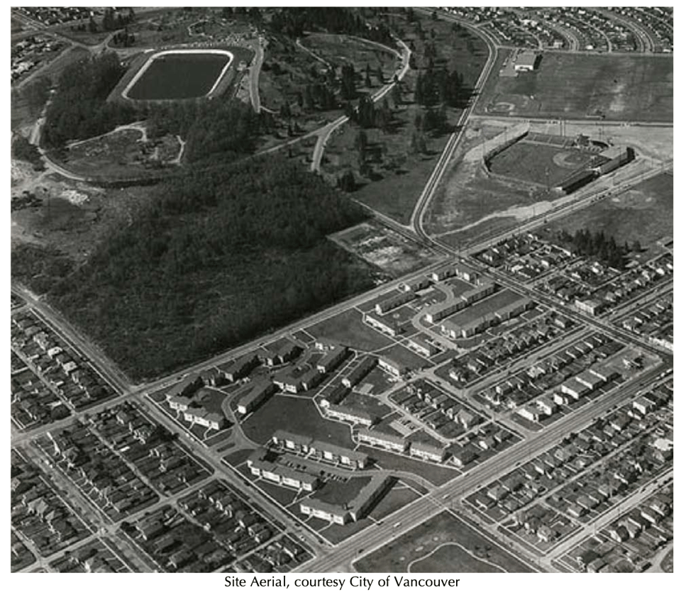 Black and white ariel photo of Riley Park. You can see the grassy area of QE Park on the left as well as Nat Bailey Stadium in the top right. Centred is the Little Mountain housing project.