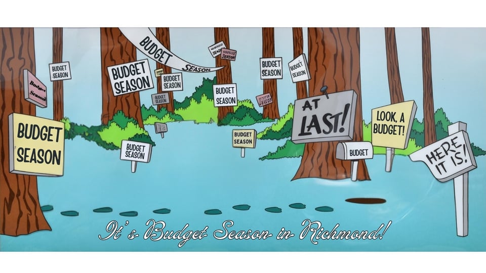 Image of budget season signs with foot steps leading to a rabbit hole.