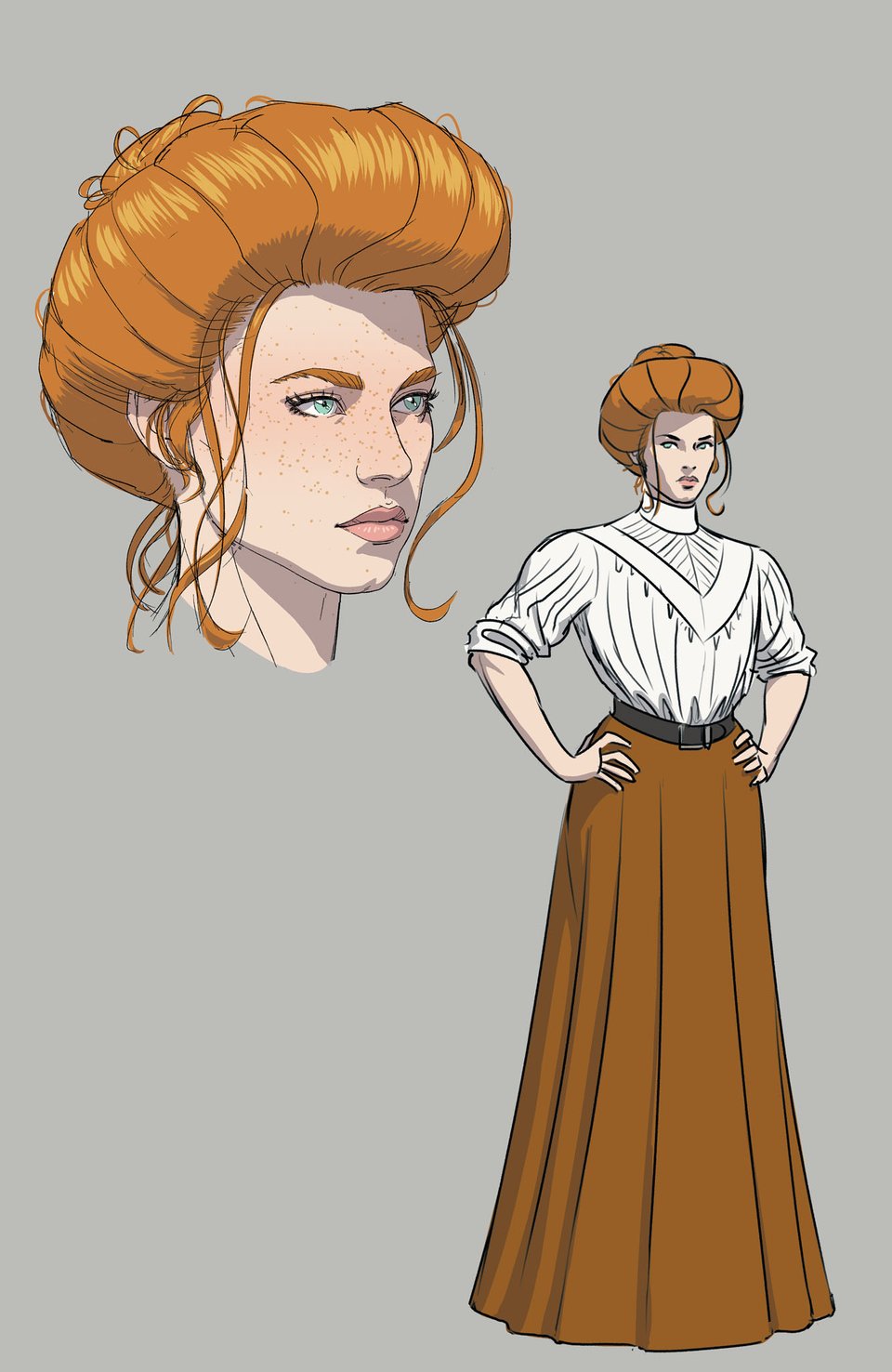 A white woman dressed in period clothing for the 1900s. She has red hair and freckles. Her skirt is brown. Her blouse is white.