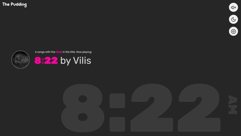 A screenshot of the clock, showing a black background with a large light-grey font showing the tie -- 8:22 am -- and , in pink and white, the text "8:22 by Vilis"