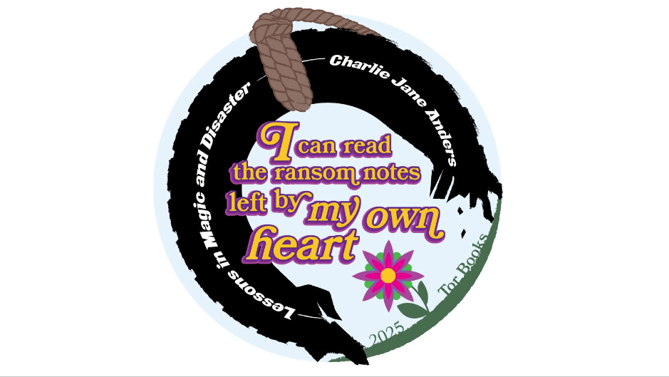 A sticker I've been giving away for my upcomign book LESSONS IN MAGIC AND DISASTER. It shows a broken tire swing over a single flower, and contains the title of the book, plus a quote from the book: