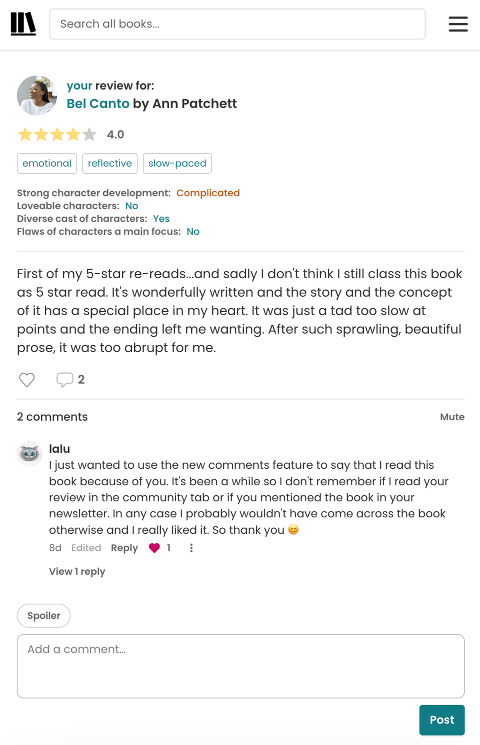 A screenshot of a StoryGraph review of Bel Canto by Ann Patchett, rated four stars. Below the review, a reader named lalu comments that they discovered the book through Nadia and really enjoyed it. The comment has received a heart reaction.
