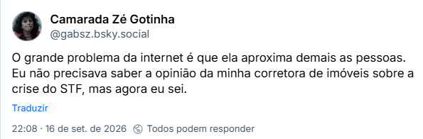 Post de Camarada Zé Gotinha (@gabsz.bsky.social): O grande problema da internet é que ela aproxima demais as pessoas. Eu não precisava saber a opinião da minha corretora de imóveis sobre a crise do STF, mas agora eu sei.