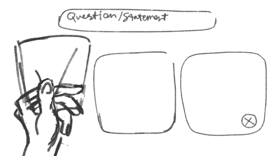 A digital sketch planning the UI for PATIENCE IS A VIRTUE's puzzles. From left to right, the UI has: a hand holds a piece of paper, an empty textbox, and a textbox with a control hint in the right corner.