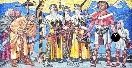 William Tell (the man on the right with the bowling ball) and his son challenge the Austrians to either a bowling match or a crossbow competition, their choice.