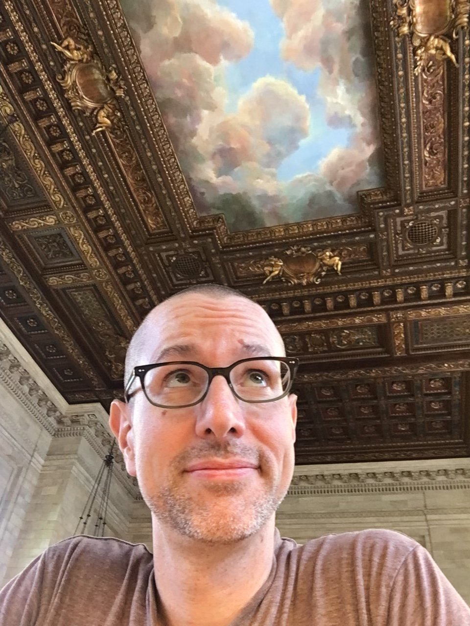 Dan Bouk gazing up at the blowing air conditioner vents and the glorious painted sky in the NYPL reading room