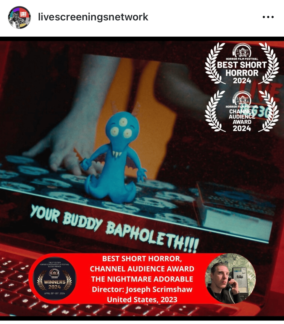 A screengrab of an awards laurel for the short horror film, The Nightmare Adorable