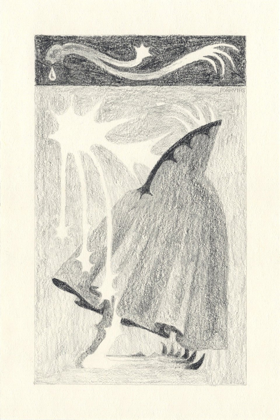 a pencil drawing of a starry-headed figure in a cloak, kneeling on bird-like claws, a panel of a cut plant above