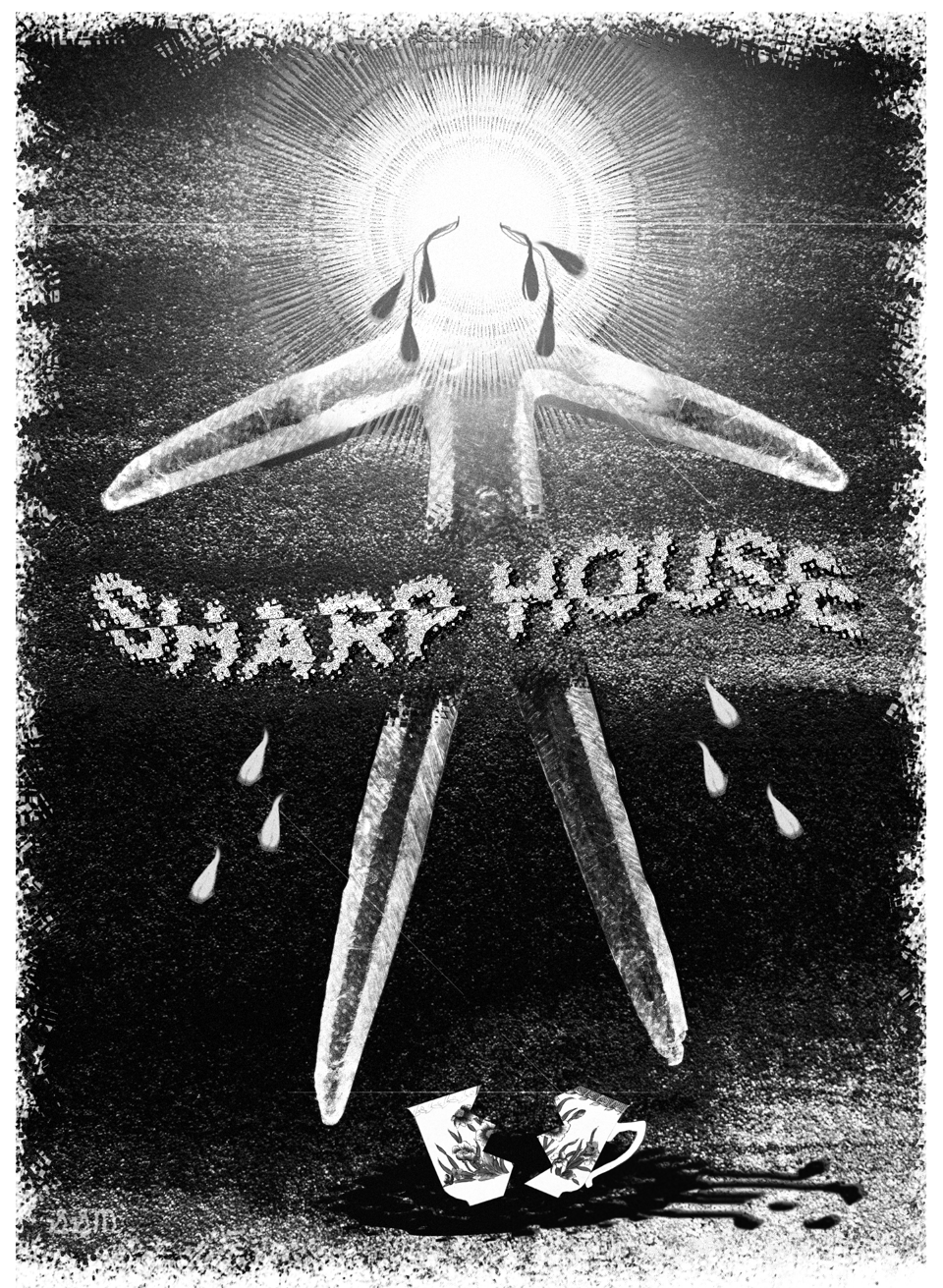 A collage that says "sharp house" in curvy lettering with a knifelike figure in the background, crying what looks like blood from a glowing head.