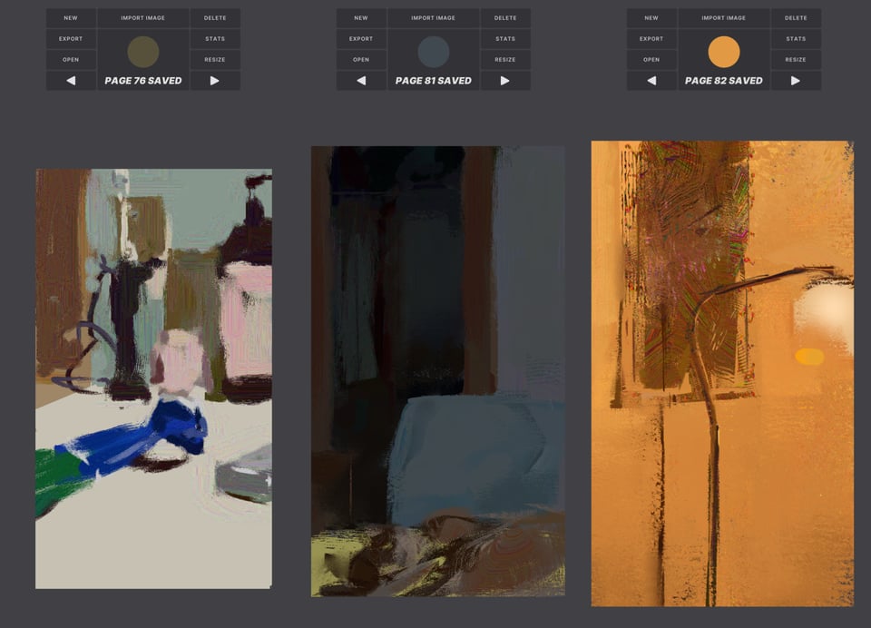 three heavypaint drawings from life, all very rough and textured and sketchy: the first of items on bathroom tile (toothpaste, brush, floss, soap, candles); the second of a sleeping cat in front of a dark closet; the third of a bright yellow room with the gesture of a tapestry on the wall and a globe lamp