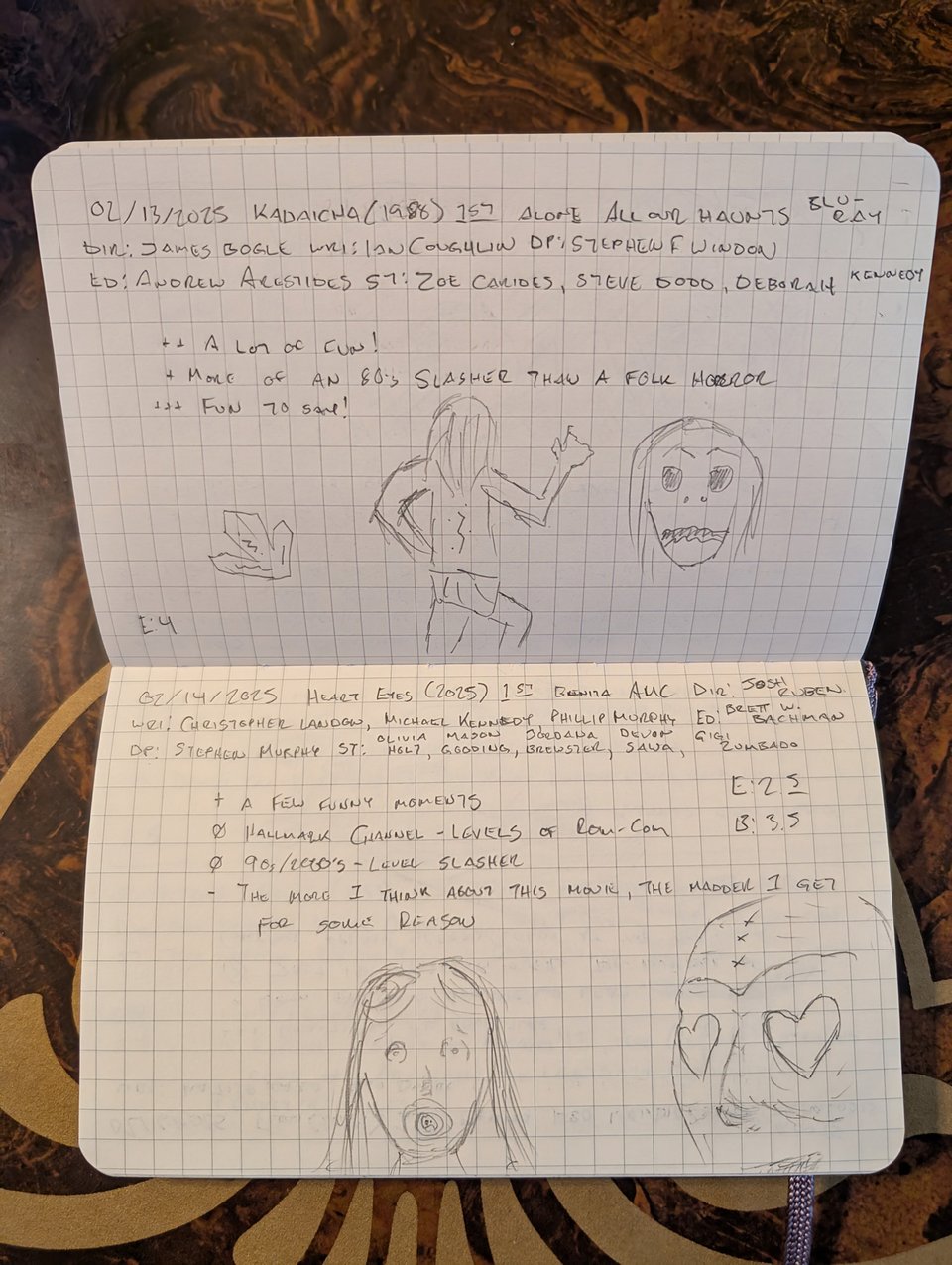 A quad-ruled notebook with handwritten notes/drawings about the movies Kadaicha and Heart Eyes.