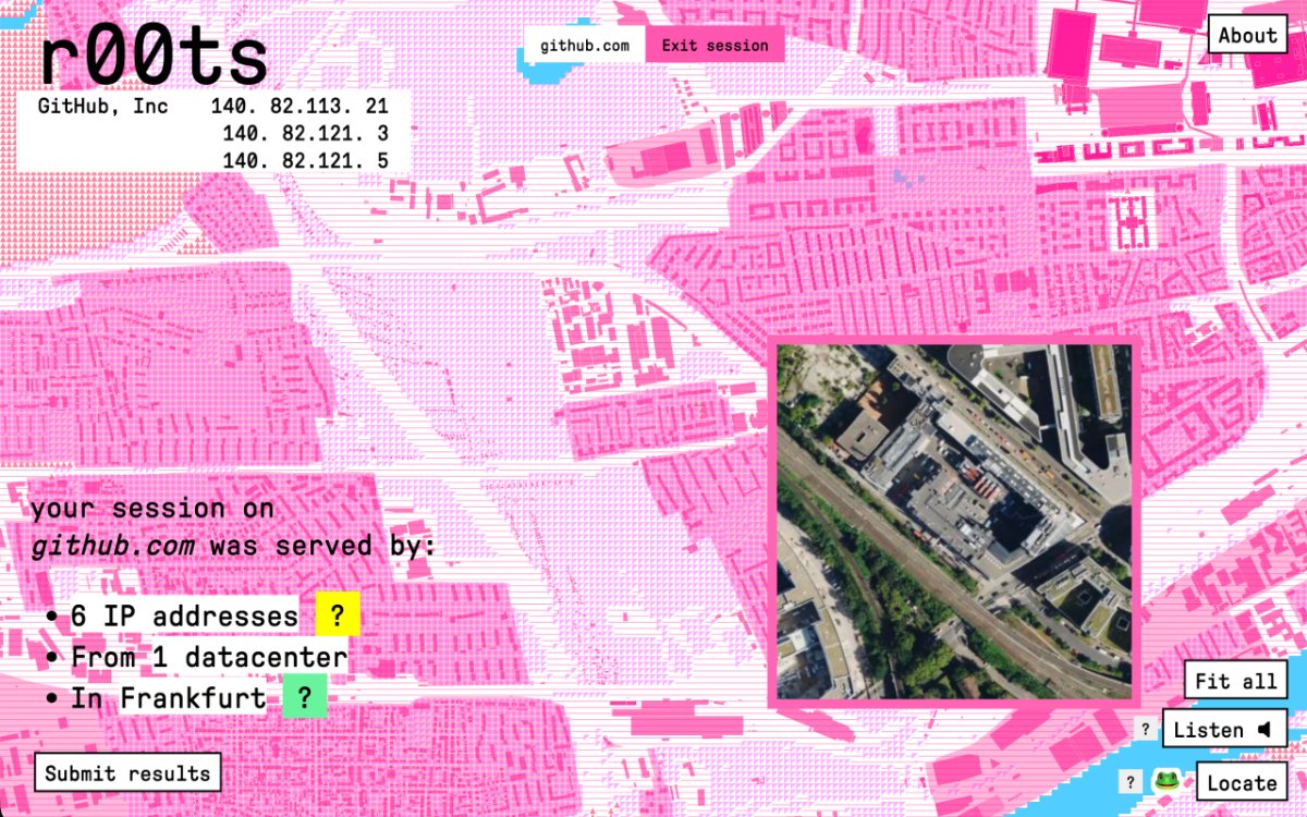 r00ts browser extension interface showing a GitHub session traced to a data centre in Frankfurt, on a pink city map