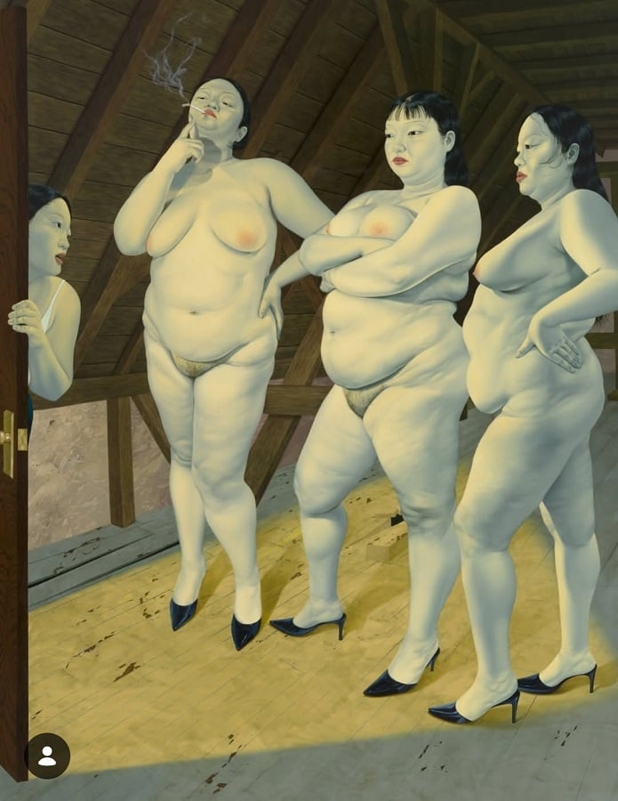 A painting of three naked, voluptuous Asian women wearing nothing but black heels, looking at another woman who is leaning in through the open door as though to say something. One of the women is smoking, another has her hands crossed over her chest, and the third has her hands on her hips.