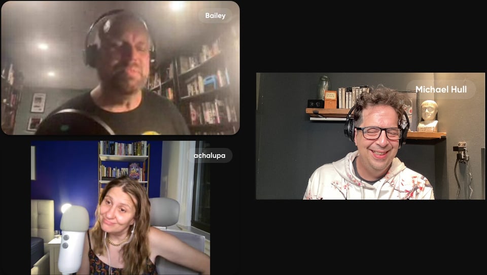 Guest Andrea Chalupa with co-hosts Jason Bailey and Mike Hull.