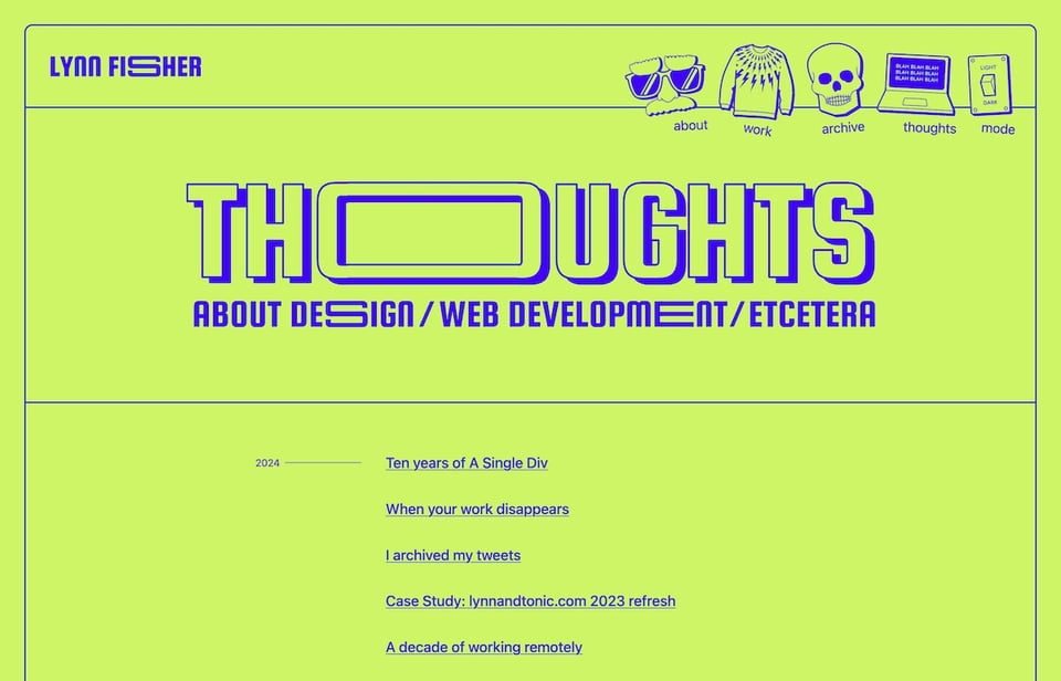 The blog, with the large heading “Thoughts about design, web development, et cetera“. Some of the letters are stretched and change their width depending on the width of the visible viewport.