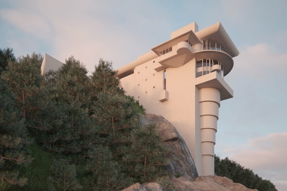 A striking modernist building with a mix of curved and angular architectural elements stands dramatically atop a rocky cliff, rising above a dense forest of pine trees. Its pale exterior catches the soft, golden light of the setting sun, while expansive windows and cantilevered balconies hint at panoramic views from within. The structure appears almost futuristic, blending sculptural design with a commanding presence in the natural landscape.
