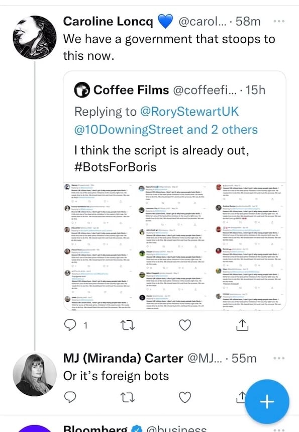 Screenshot of a tweet (“We have a government that stoops to this now” and quoting another tweet (“I think the script is already out. #BotsForBoris”)