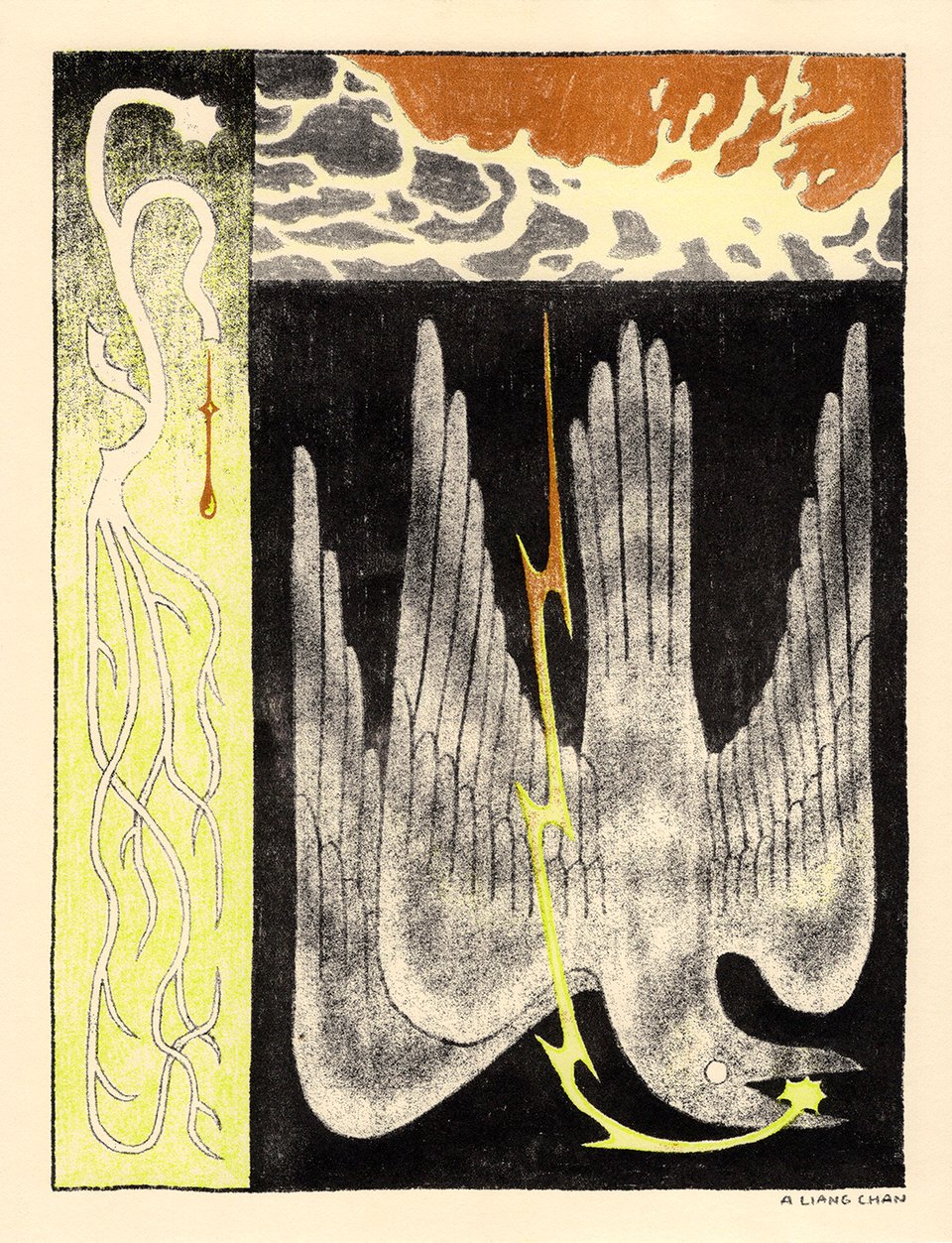 a risograph print in lime green, bright gold, and black showing a swooping 3-winged crow carrying a blazing star in its mouth. on the left is plant, roots reaching down, sap dripping from a cut stem. above is a panel of waves crashing
