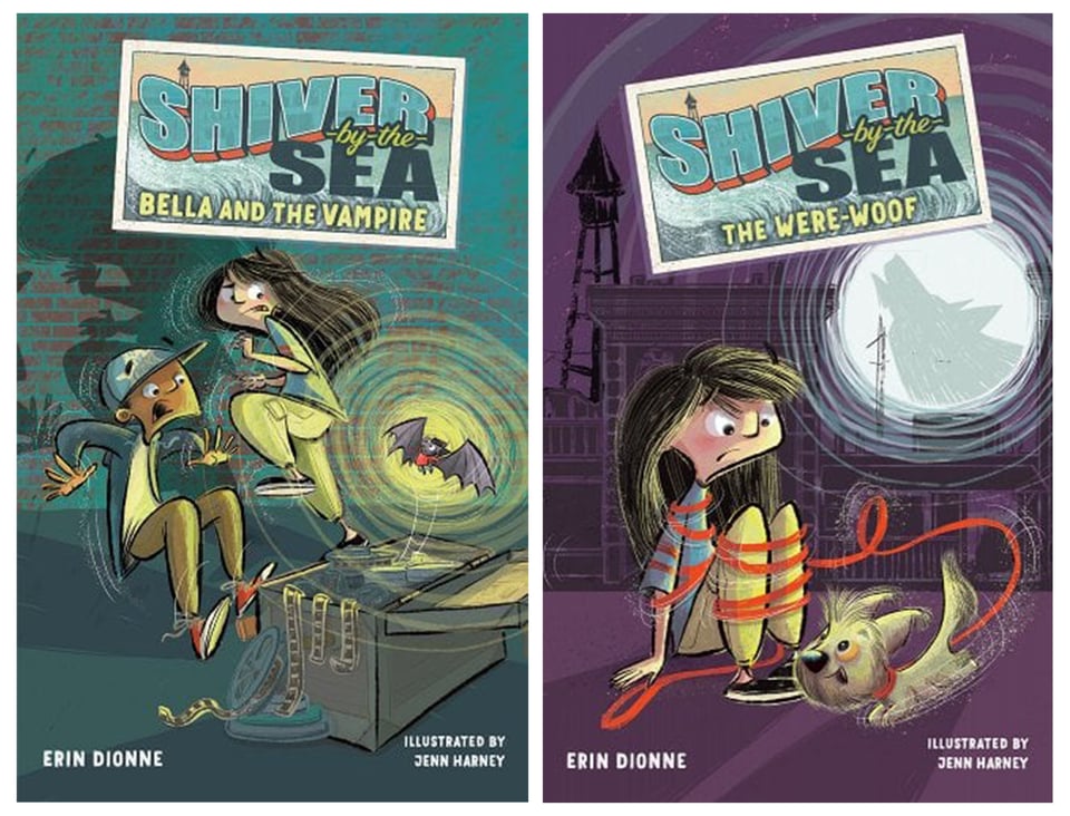 Two book covers for Shiver by the Sea chapter book series, featuring a girl, a boy, a bat, and a werewolf puppy