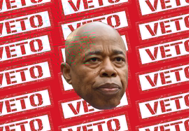 Mayor Eric Adams' face against a background that repeats the word "VETO"