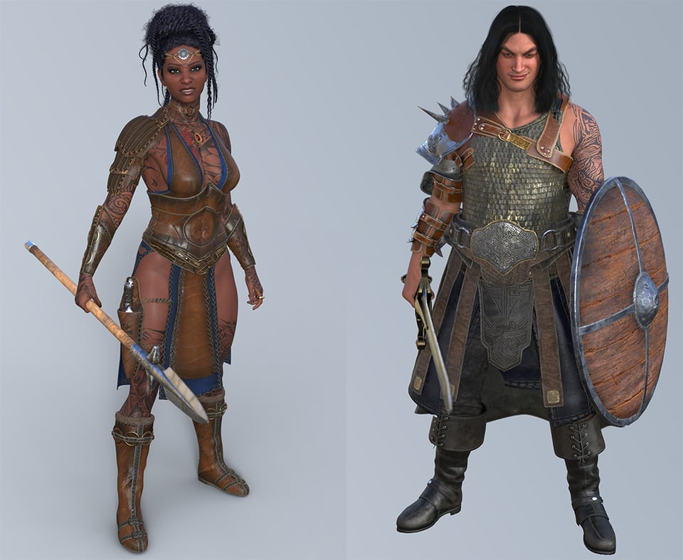 Two fantasy warriors: A dark-skinned woman with a spear and a white dude with sword and shield.