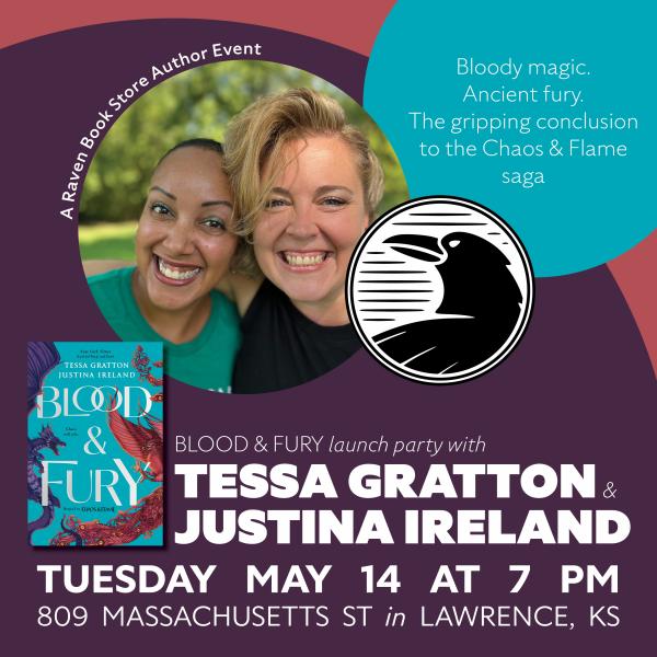 Graphic advertisement for Tessa and Justina's book launch at the Raven Bookstore May 14th 7pm