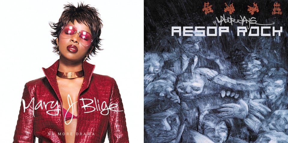 First pic: A photograph of Mary J. Blige, a Black woman with short spiky brown hair, wearing a red leather jacket and just a red brassiere underneath. She also wears red tinted glasses, and her eyes are closed. She has a kind of “take me away from here/I’m mentally getting away from here” look on her face. Second pic: A drawing, in blue and black colored pencils(?), of a bunch of people grouped together in a mass -- it's difficult to separate one body from another. Faces are visible, and they seem kind of sad and downtrodden. Poking up at the back of mass is a distinct body, a man in a suit and tie who vaguely resembles a young Richard Benjamin. Or maybe Mr. Bean?