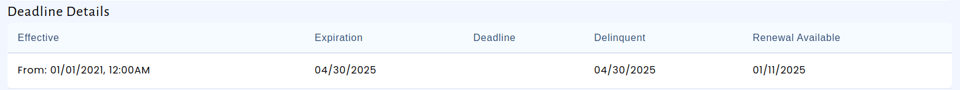 The deadline detail section of a license type/class showing the renewal date (in this case 1/11/2025)