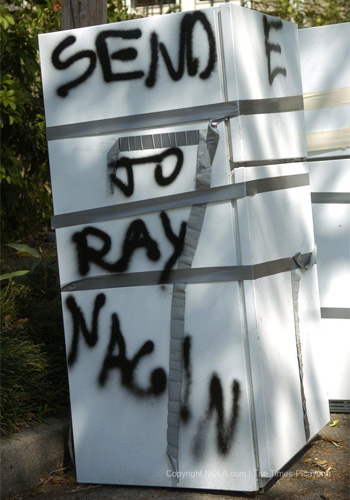 Katrina Fridge. In black spray paint: Send to Ray Nagin