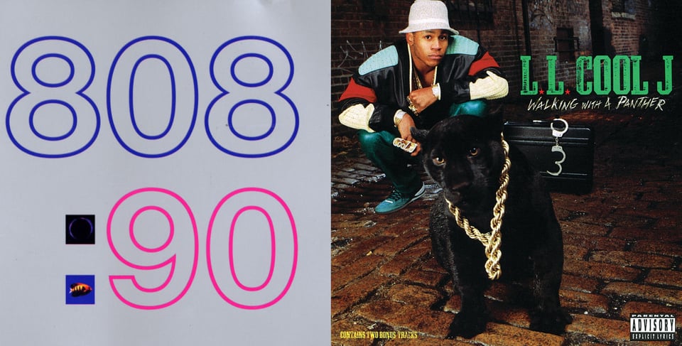 First pic: The album has a grey background. On the top in large lettering is "808" in dark blue/purple. On the bottom is ": 90." The 90 is in dark pink. The two boxes of the : have pictures in them. The lower one shows a photo of an orange fish on a blue background. The top box is difficult to make out. It looks like a purple ring on a black background, perhaps a photo of an eclipse. Second pic: LL Cool J, a young Black man in a grey kangol hat and heavy jacket that may also be part sweater, kneels in a wet alley somewhere. In front of him is a little panther cub with a giant-ass thick gold rope around its neck. Behind both is a black metal-reinforced briefcase with a pair of handcuffs attached to the handle; one of the cuffs is open.
