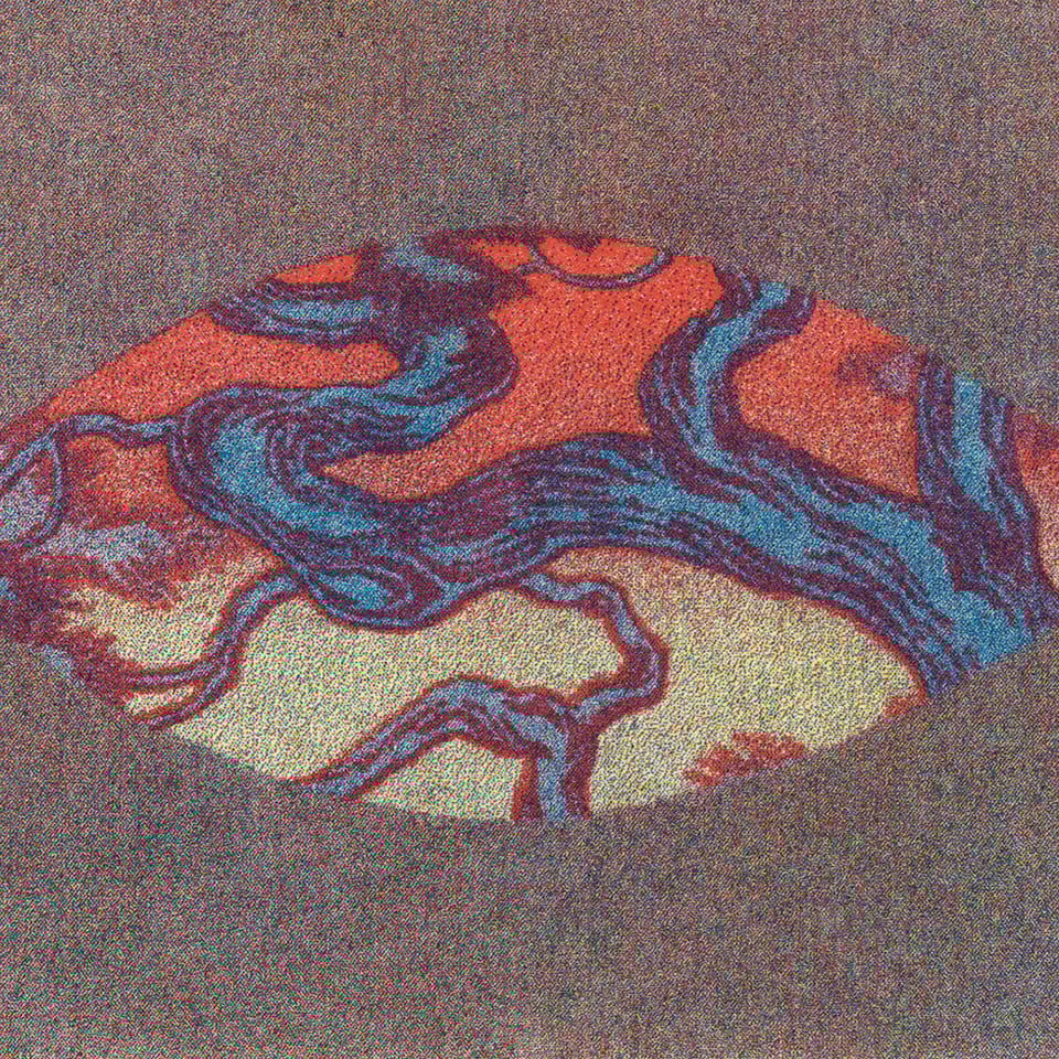 a twisting blue branch rises through a sky turning crimson, framed by the stylized shape of an eye